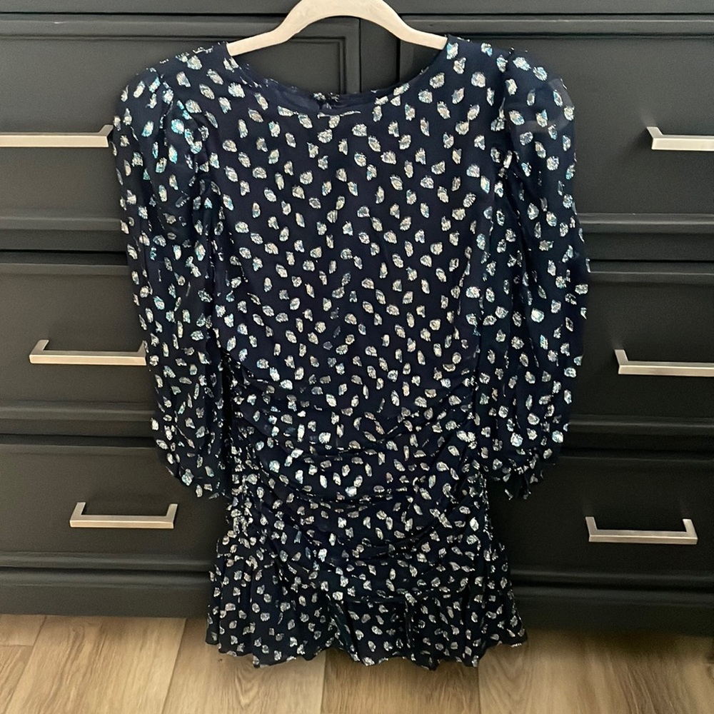 NWT! Tanya Taylor Navy Blue with Silver and Light Blue Swiss Dot Sheer Ruffled.